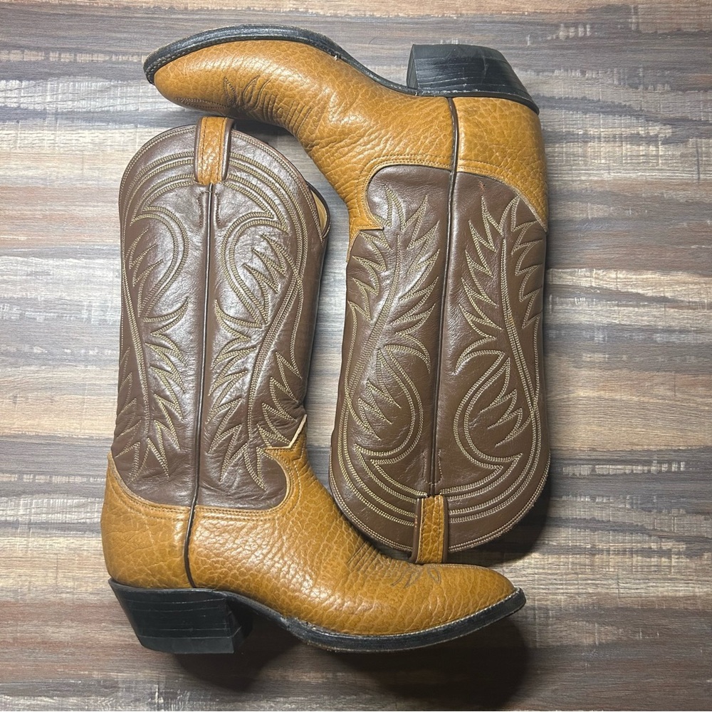 Tony Lama Womens Western Boots Sz 8A Brown Tan Leather Cowboy USA Made - Picture 2 of 7